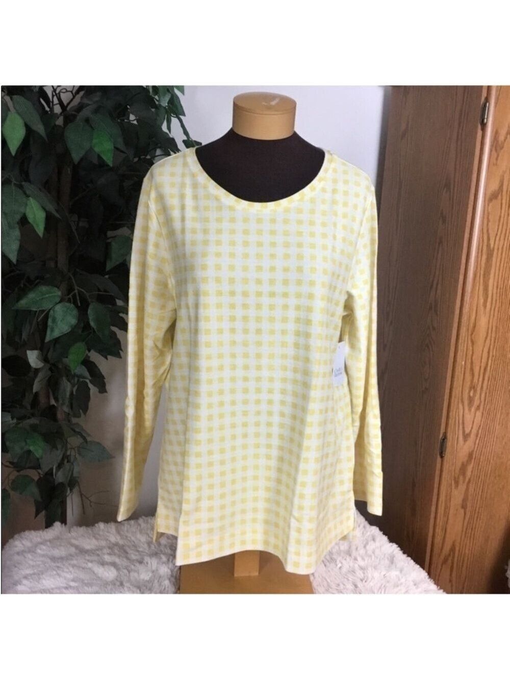 Croft & Barrow yellow white check long sleeve tee Womans size XXL NWT